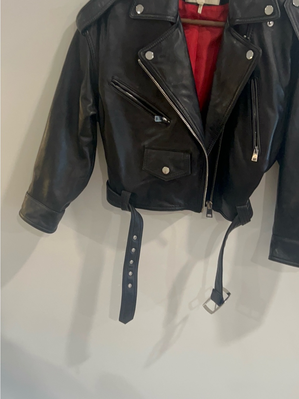 Maje Black Leather Biker Jacket with Red Lining size 38 - Picture 5 of 12